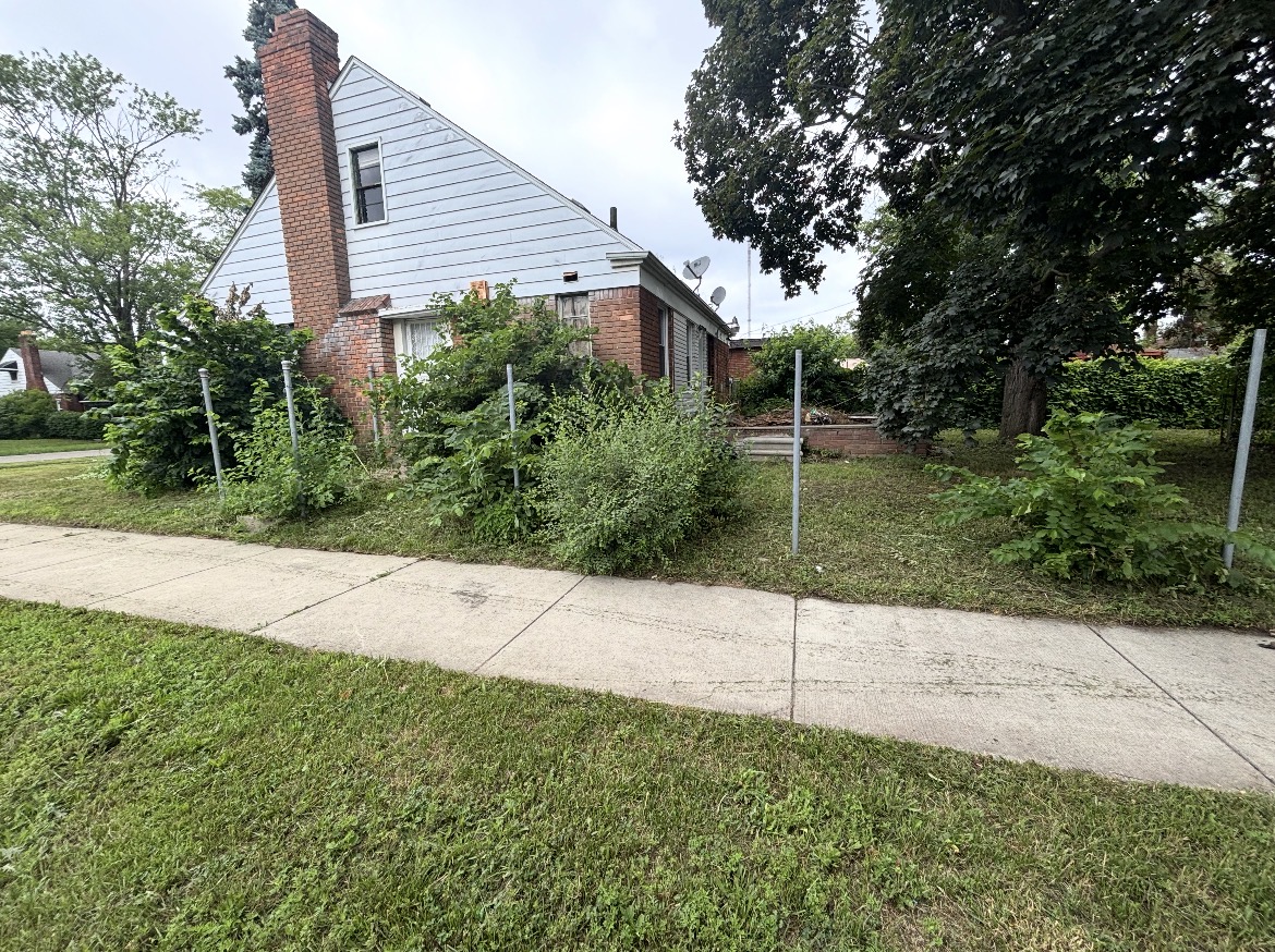 House and yard with overgrowth before cleanup